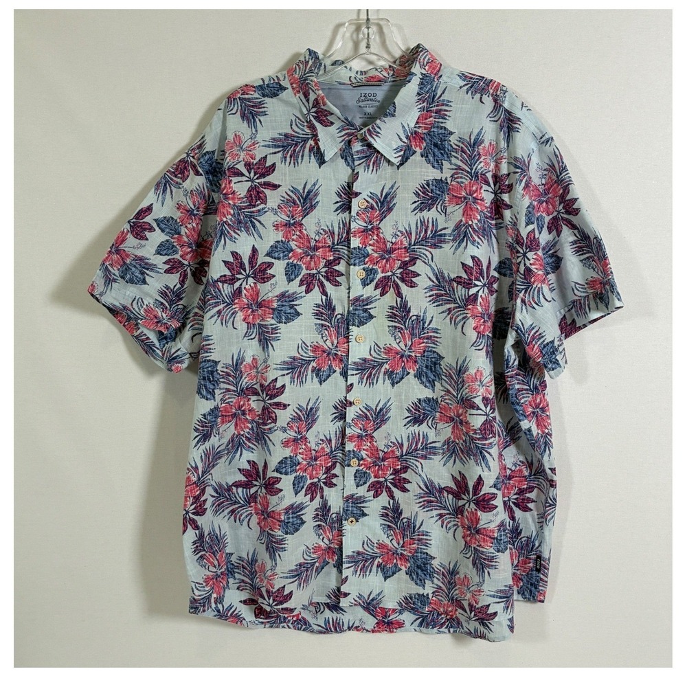 IZOD Saltwater Relaxed Classics Mens XXL Tropical Hibiscus Floral Shirt Blue